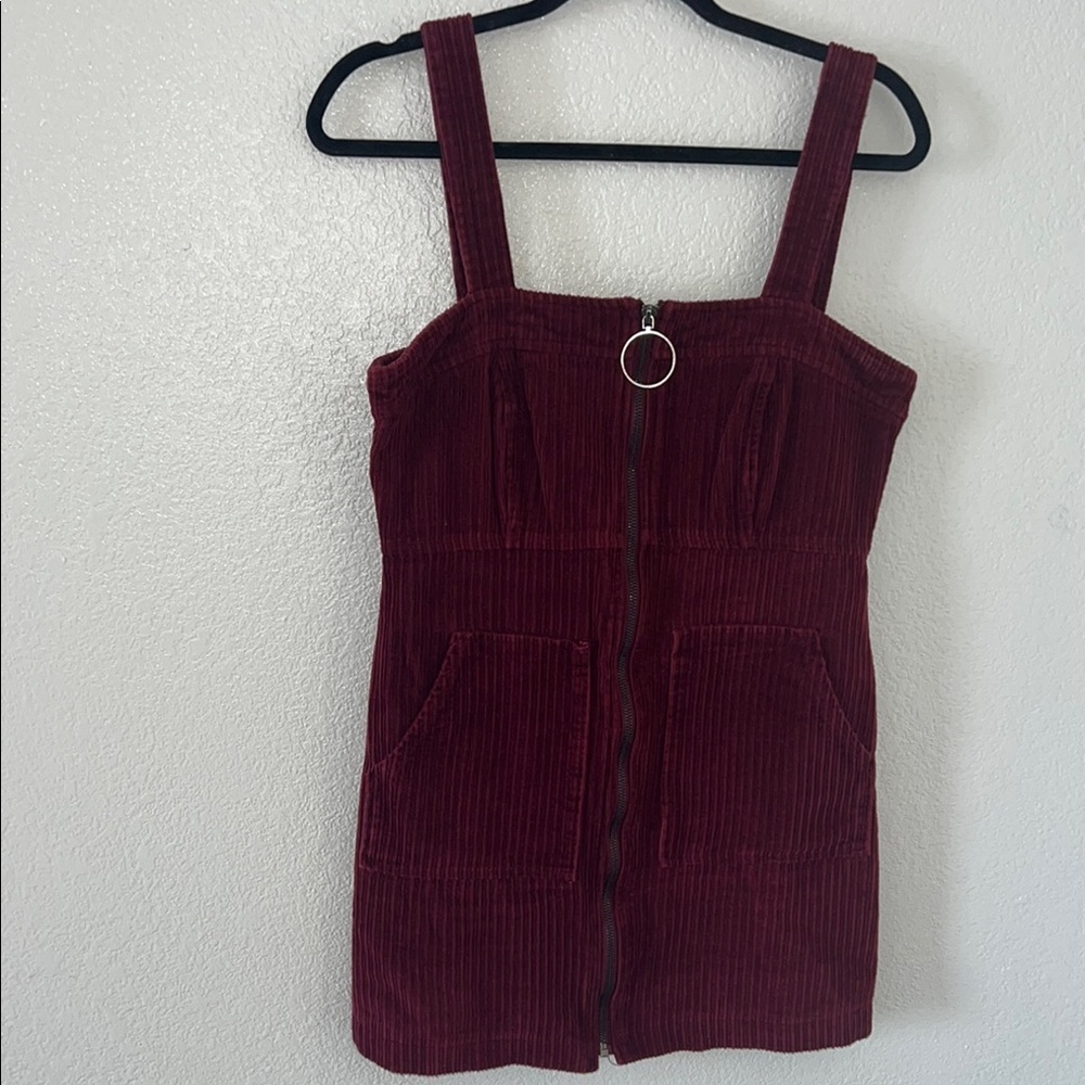 Burgundy Corduroy Dress with Front Zipper